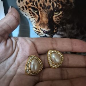 Trifari Gold-Tone Pearl and Clear Crystal Clip-On Earrings